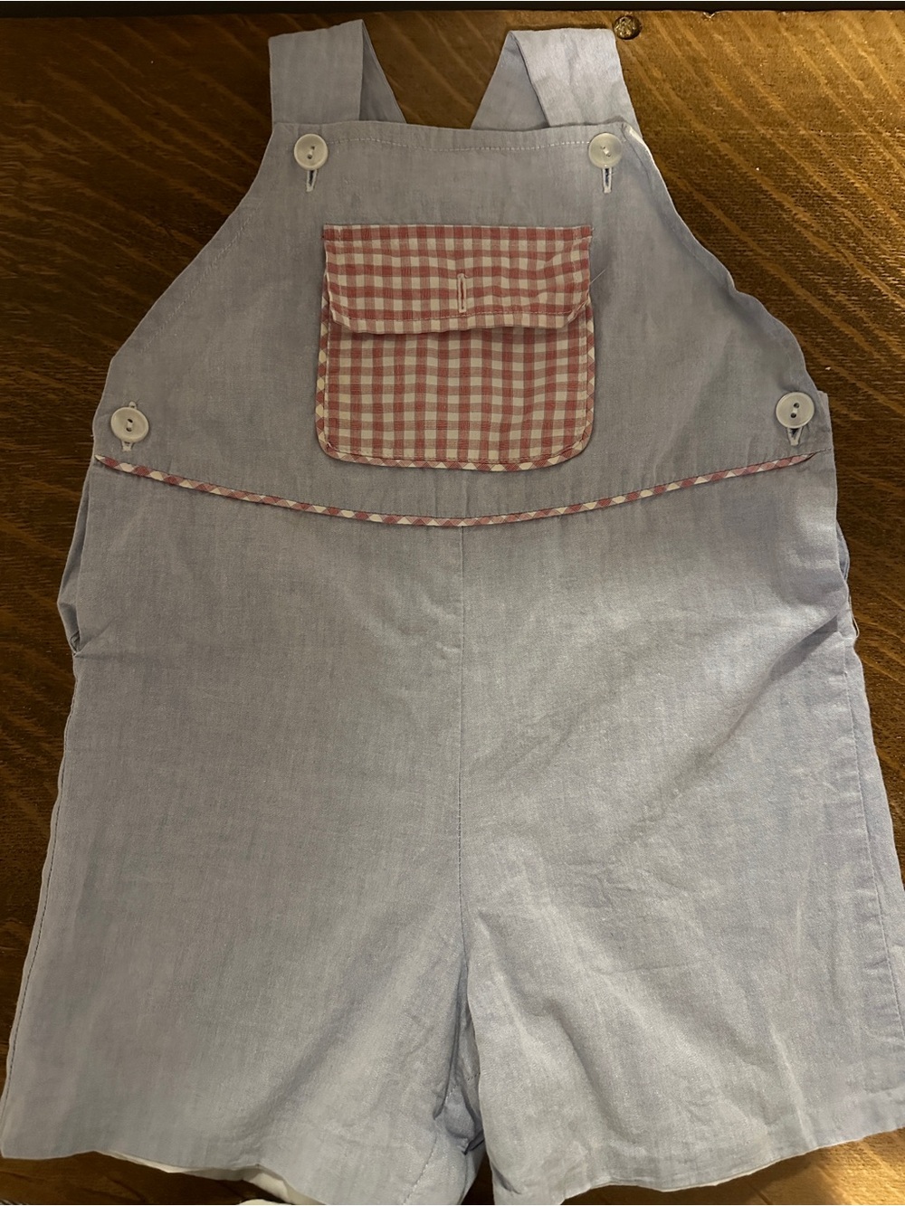 Red Beans Light Blue Toddler Shortalls with Pink Gingham Pocket